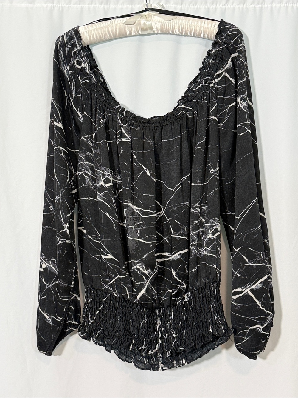 Michael Kors Black and White Marble-Print Peasant Top